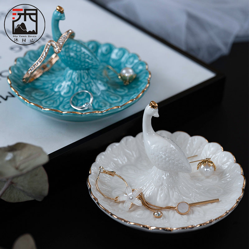 Ceramic peacock ring jewelry tray earring display stand storage Creative home decoration