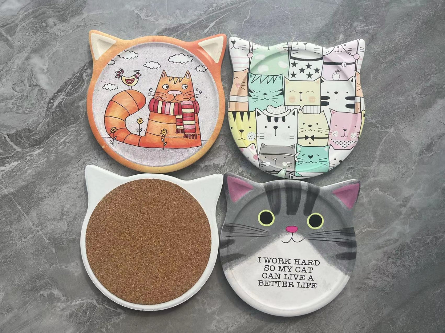 Wholesale design of cat shaped ceramic coasters with cork on the bottom of the insulation pad