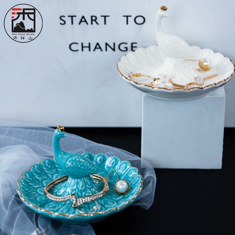 Ceramic peacock ring jewelry tray earring display stand storage Creative home decoration