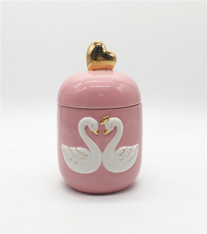 Ceramic swan sealed tank personality animal style storage tank pink swan series daily ceramics cookie jar