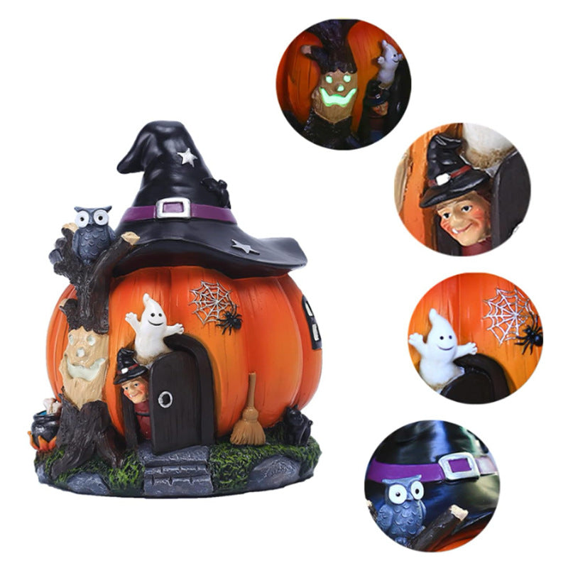 New Pumpkin House Decorations Village Resin Crafts Garden Glow decoration Halloween Witch pumpkin statue